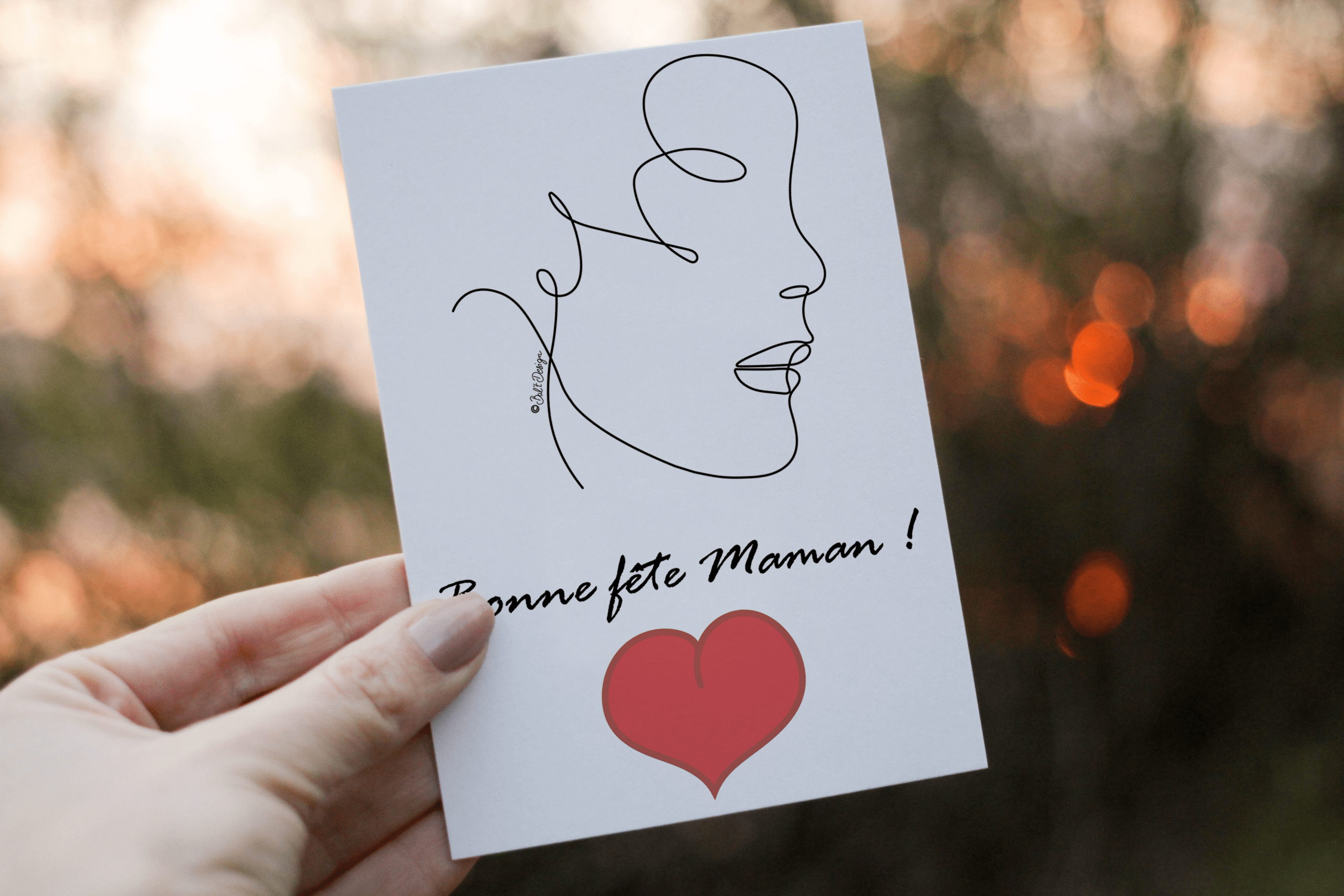Carte Bonne fête maman tenue à la main, illustration minimaliste visage femme trait continu et cœur rouge accompagnée de son enveloppe
