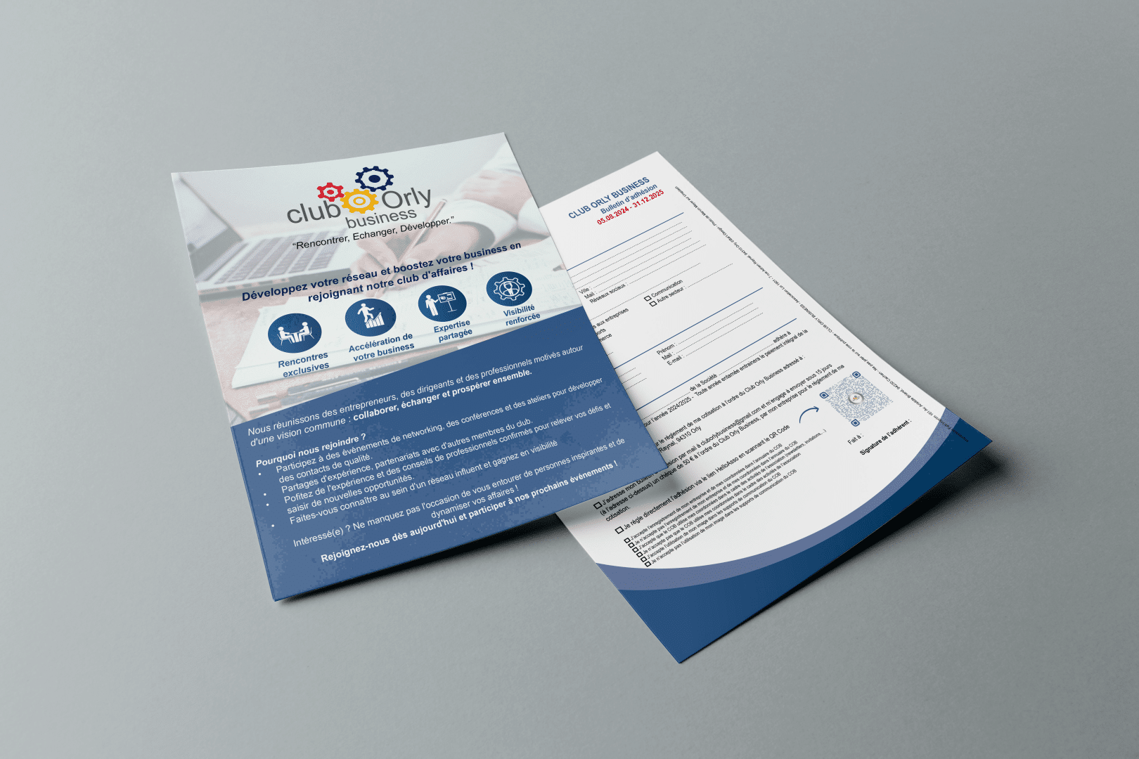 Image représentant le flyer d'adhésion recto/verso du Club Orly Business. Recto : les avantages à adhérer. Verso : le formulaire d'adhésion.