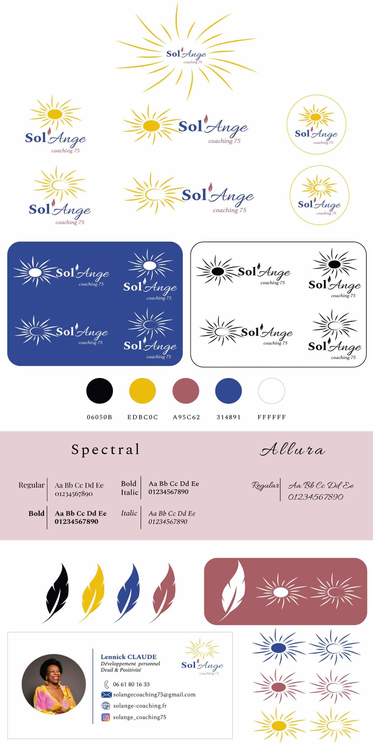 Planche de marque de Sol'Ange Coaching. On y retrouve le logo principal, ses déclinaisons, la typographie, la palette de couleurs et des mises en situation du l'identité visuelle.
