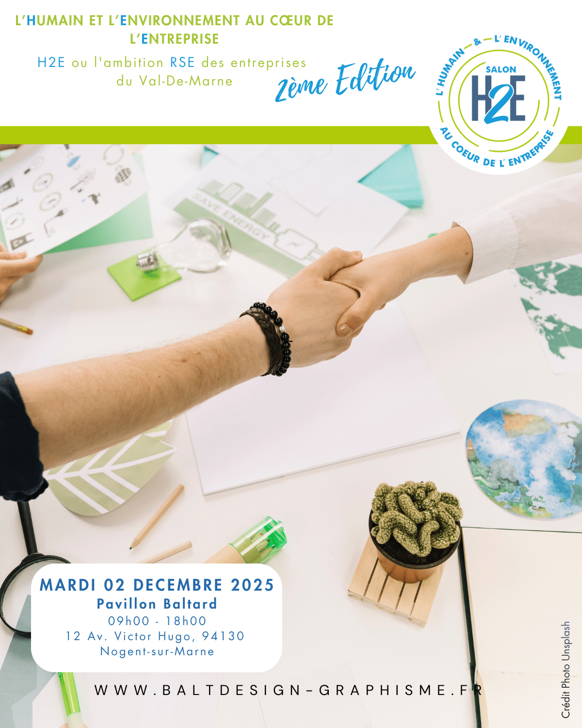 Page de couverture Flyer Salon H2E Information date, lieu, et visuel d'une pognée de main.