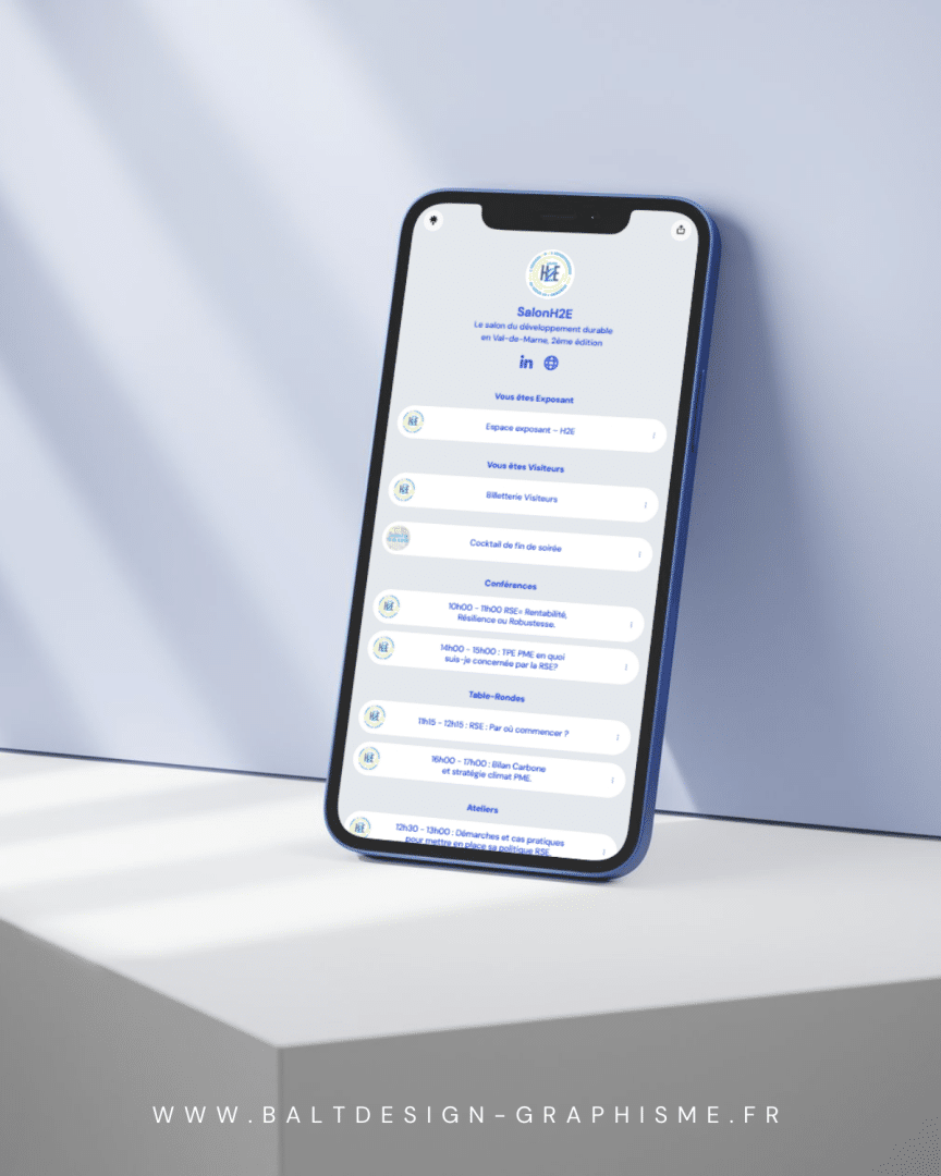 Mocku up - mise en situation d'un écran de téléphone où apparaissent les liens d'inscription aux ateliers, conférences, table ronde, billetterie.