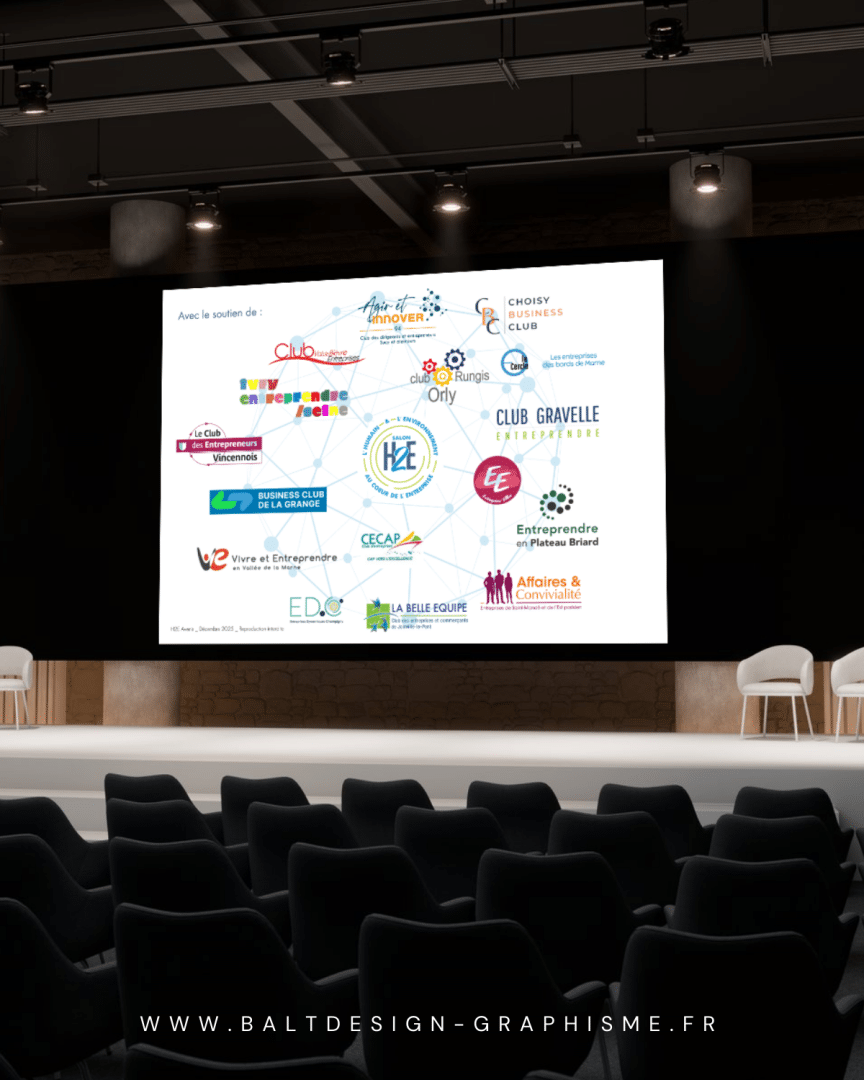 Mock up - Mise en situation Ecran représentants les logos des différents clubs entrepreneurs.