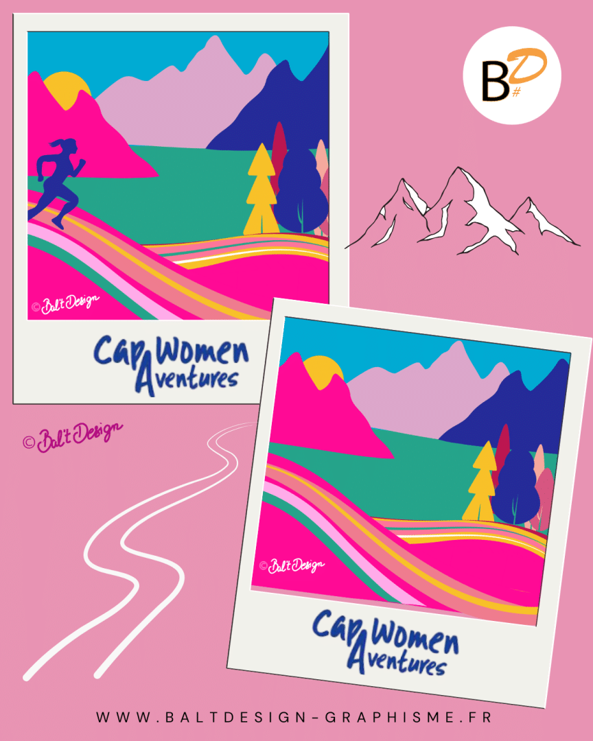 Dessin des chaussettes illustrées. Femme courant dans les sentiers de montagnes. Couleurs vives : rose, bleu, jaune.