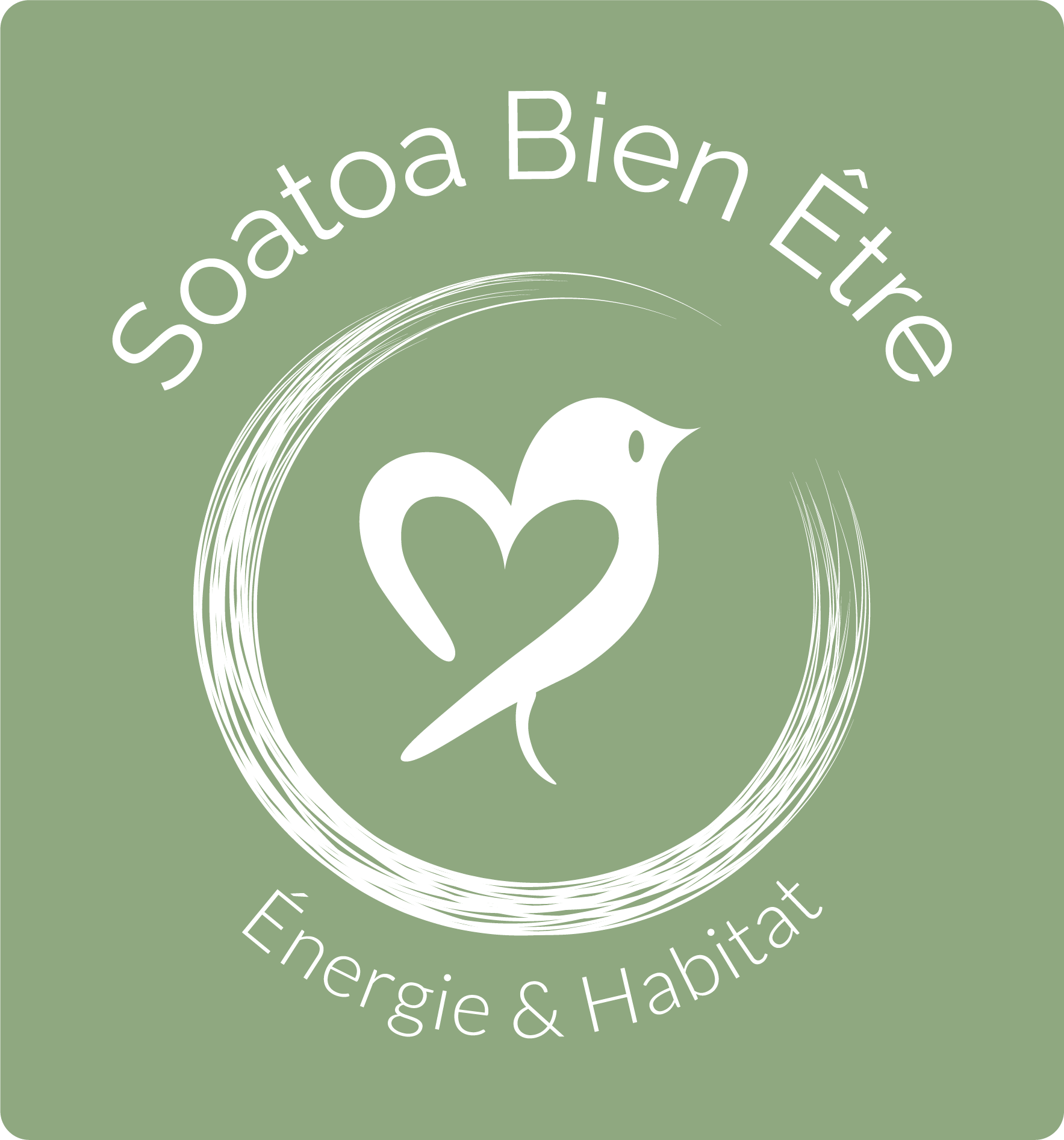 Cercle Enso entourant un oiseau avec un corps en forme de coeur. Logo blanc sur fond vert