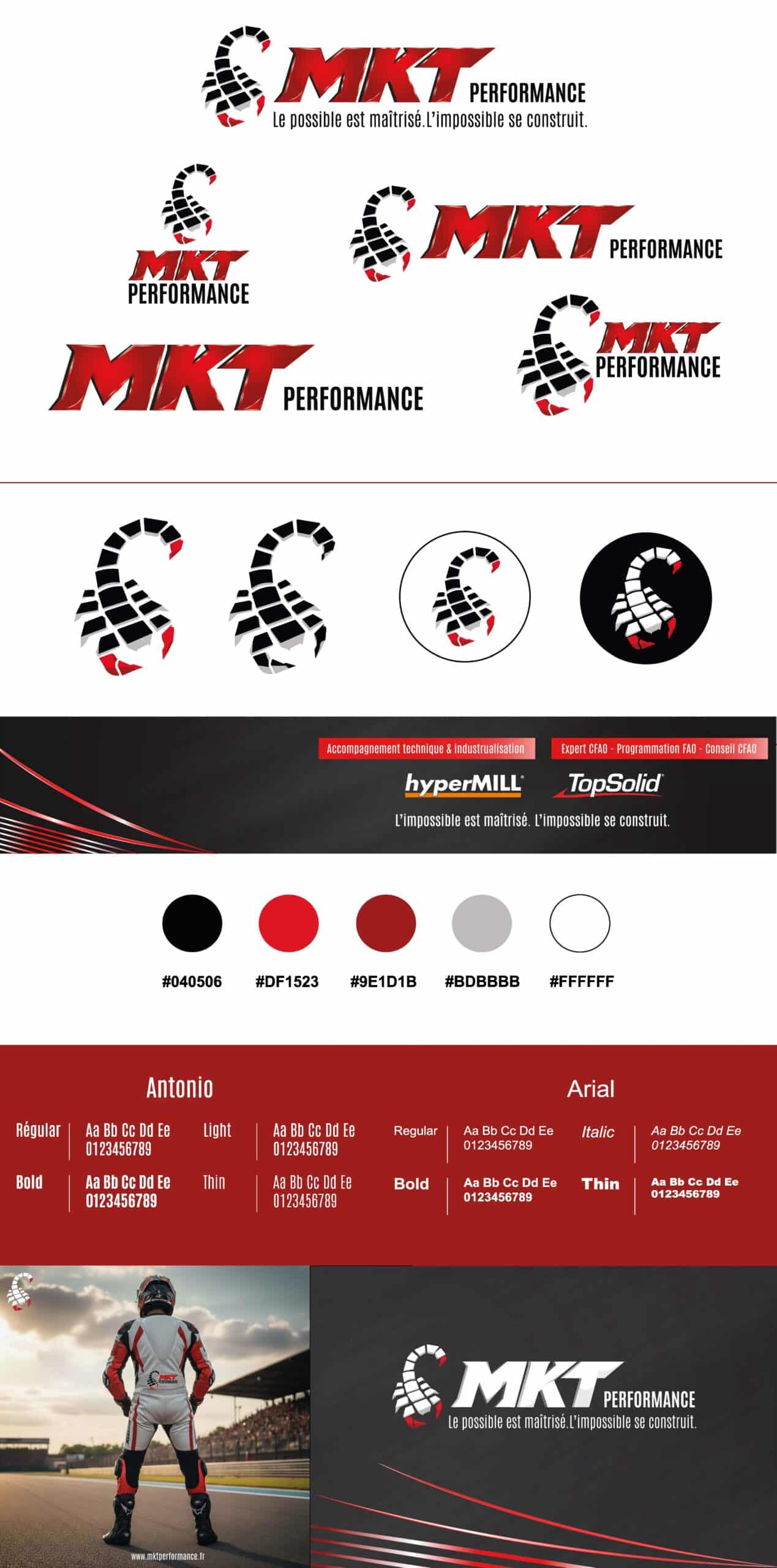 Planche détaillant les différentes déclinaisons de l'identité visuelle de MKT Performance
