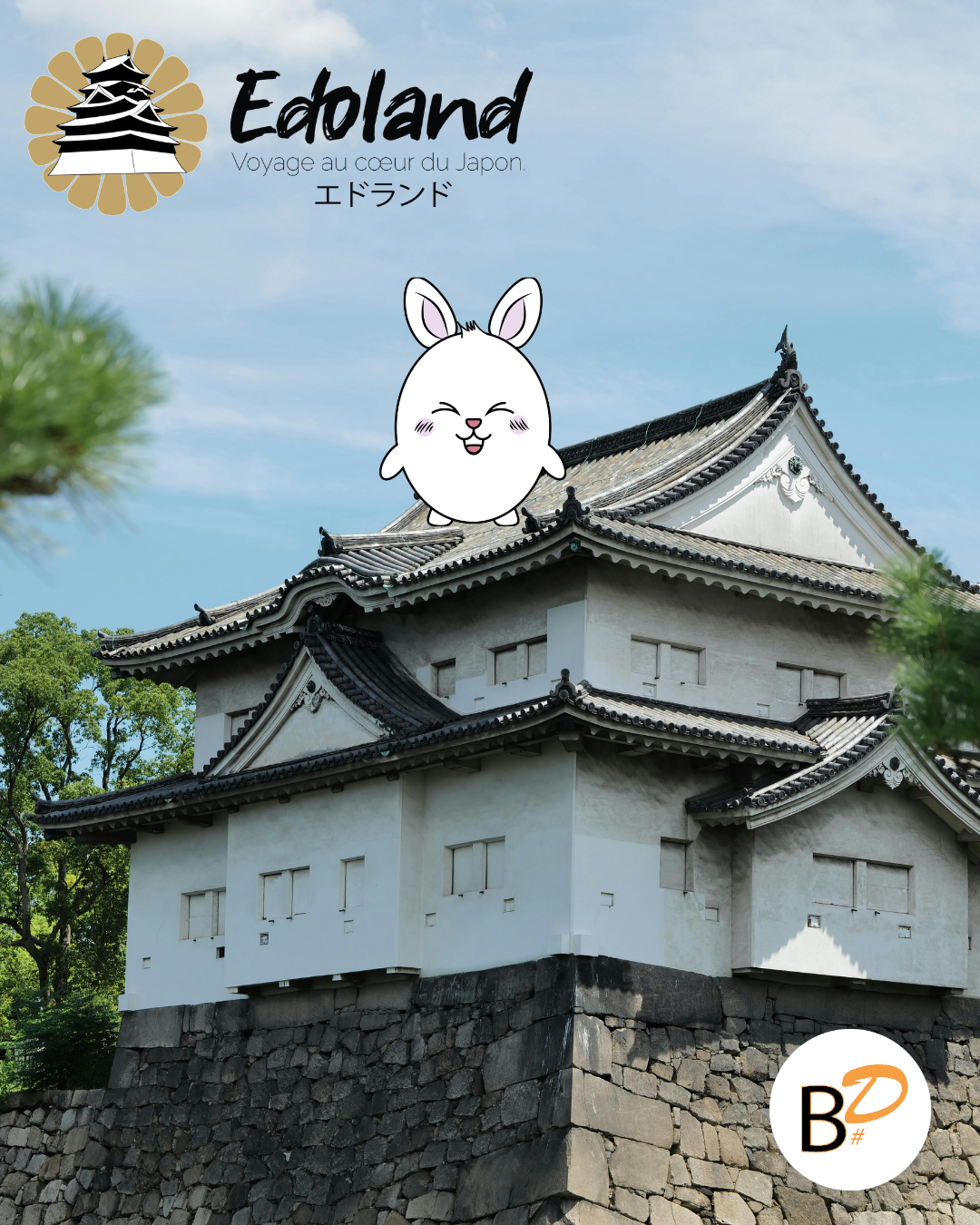 Vue sur le Château d'Osaka avec mise en situation du logo Edoland et de sa Mascotte sur le toit du château