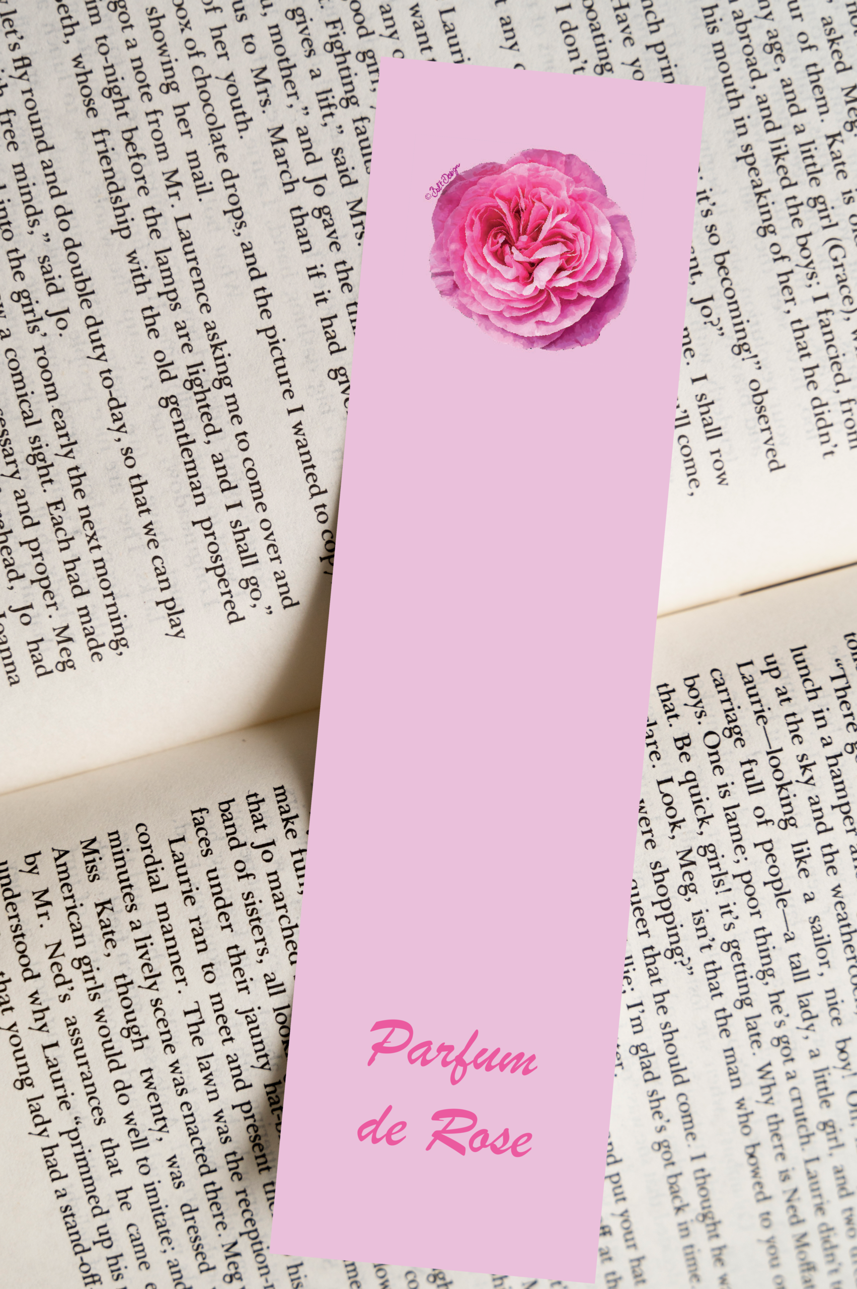 Marque-page illustré fond rose avec une rose ancienne aquarelle en haut et texte Parfum de Rose en cursive, posé dans un livre ouvert