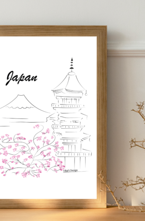 Dessin au trait d'un temple et cerisier en fleurs. Des touches de pétales roses poudrées