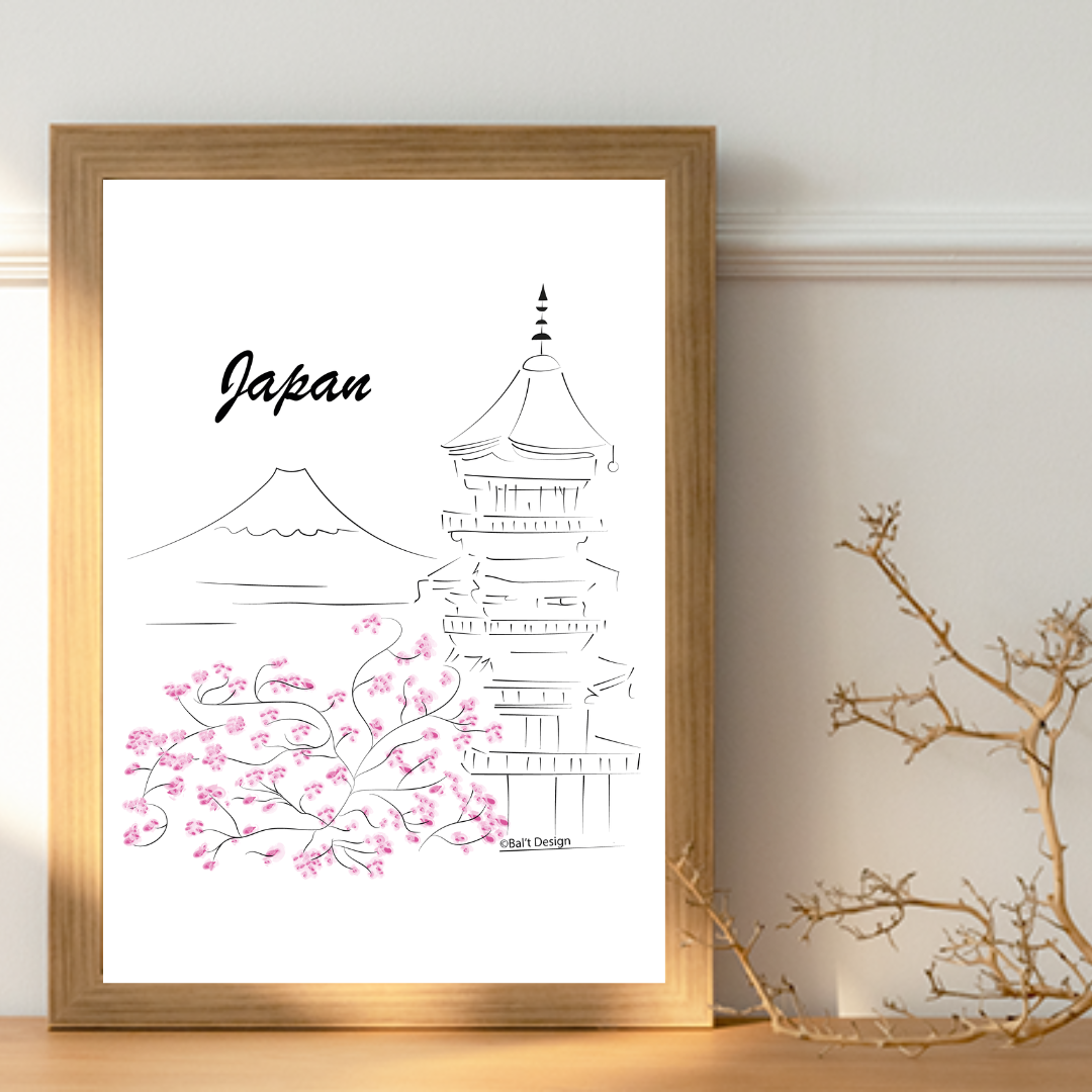 Dessin au trait d'un temple et cerisier en fleurs. Des touches de pétales roses poudrées